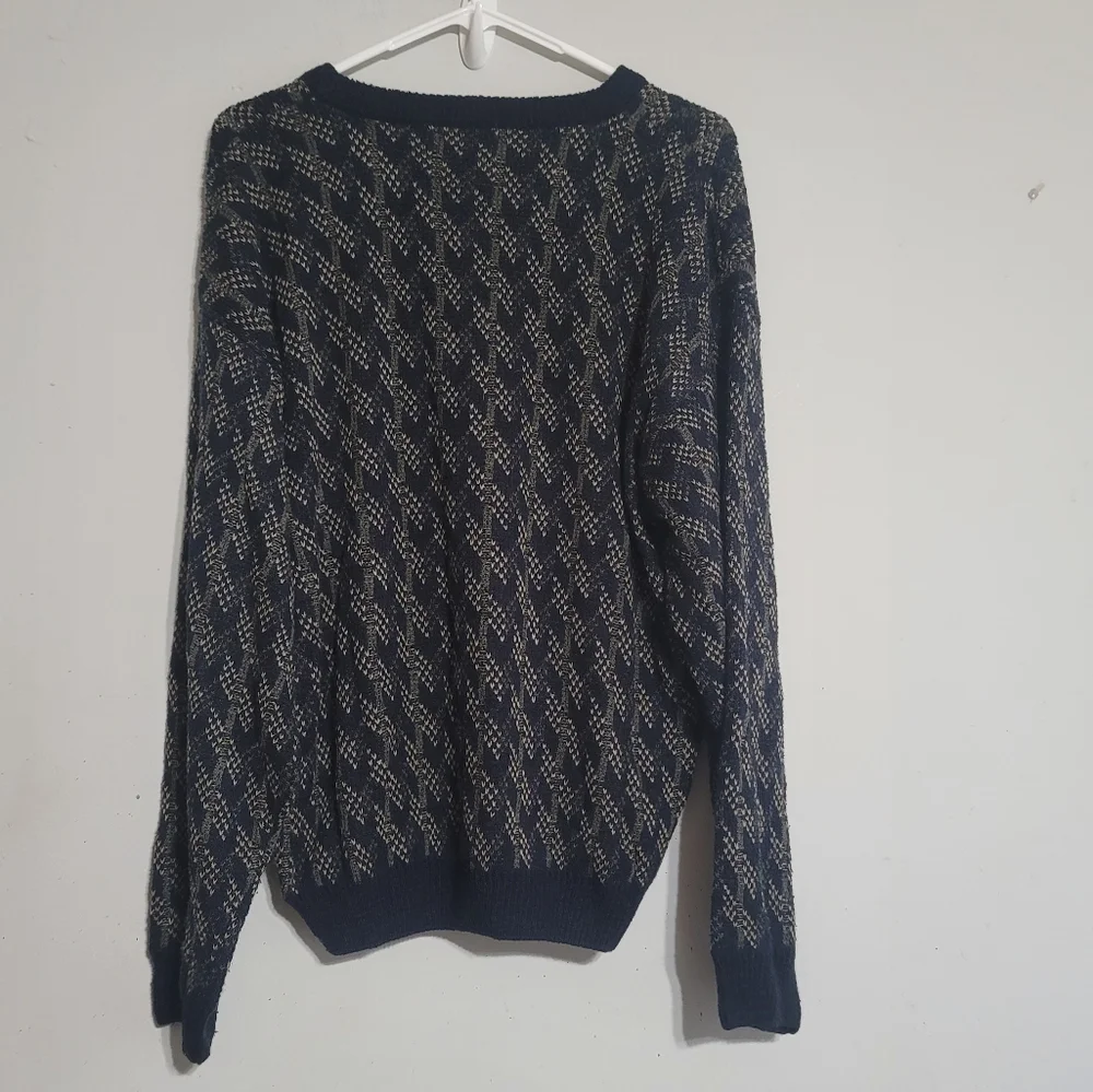 Jantzen Sport Vintage Mens Laege Navy Tan  Knit‎ Indie Sweater Fisherman Grandpa